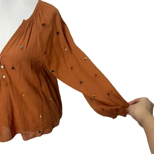 The Great Derby Embroidered Blouse Floral Brown Women’s Size 0 Boho Puff Sleeve