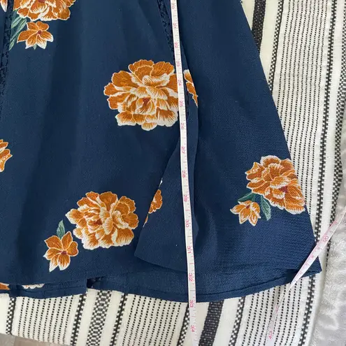 onetheland Floral Mini Dress Small Long Sleeve Navy Orange Lace Trim VNeck Boho Bloomcore
