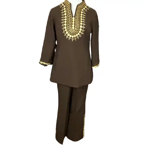 60’s/ 70’s Brown and Gold Tunic and Pants Suit Ornate Gold Trim S/M Size M