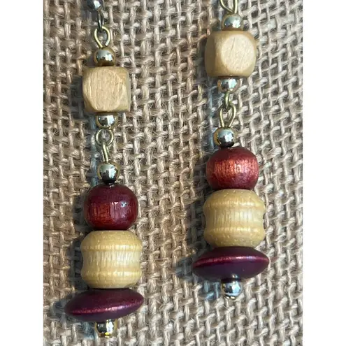 None Vintage Gold Tone Wood Bead Dangle Earrings Hooks Natural Boho Earthy 3"
