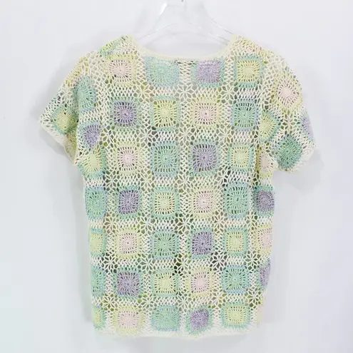Christopher & Banks Cream Vintage 00's Crochet Granny Square Button Up Top