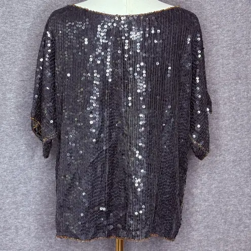 Vintage In Fashions Black Gold Sequin Beaded Silk Top Blouse Women Large