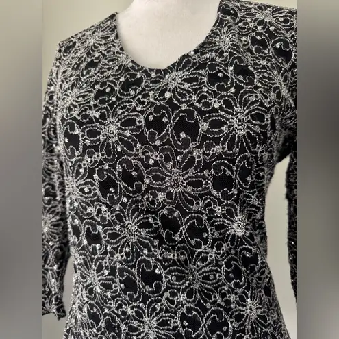 Brittany Black Silver Sparkle Floral Print Scoop Neck 3/4 Sleeve Blouse Size XXS