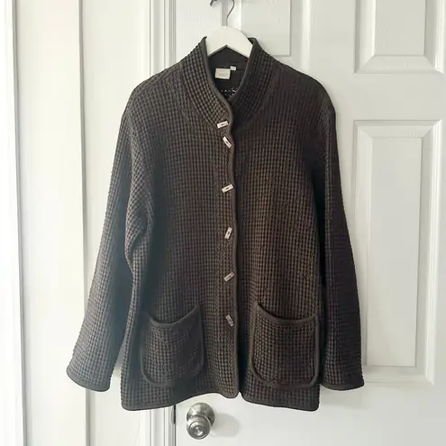 FOCUS Cotton Chocolate Brown Waffle Texture Lagenlook Wood Buttons Jacket XL