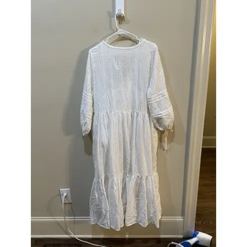Caslon Eyelet Three-Quarter Sleeve Cotton Midi Dress Size Large Tiered Peasant