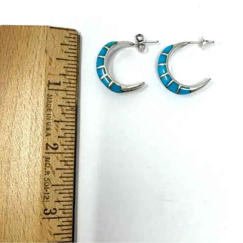 Sterling silver and inlaid turquoise half moon earrings, vintage