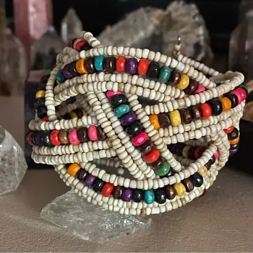 Multi Color Glass Bead & Wooden Beaded Cuff Bracelet