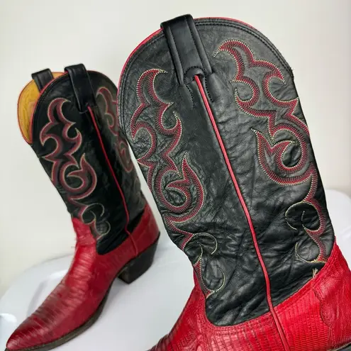 Vtg Nocona Red Black Lizard Leather Westerm Cowgirl Boots Sz 7B