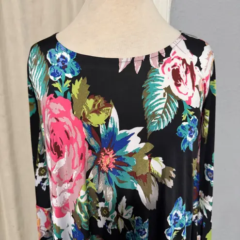 Veronica M Women Floral Print Long Flared Sleeve Stretchy Tunic Top Size XS Black