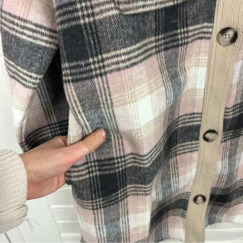 MELLODAY Pink Brown Plaid Long Line Button Front Shacket Size XL