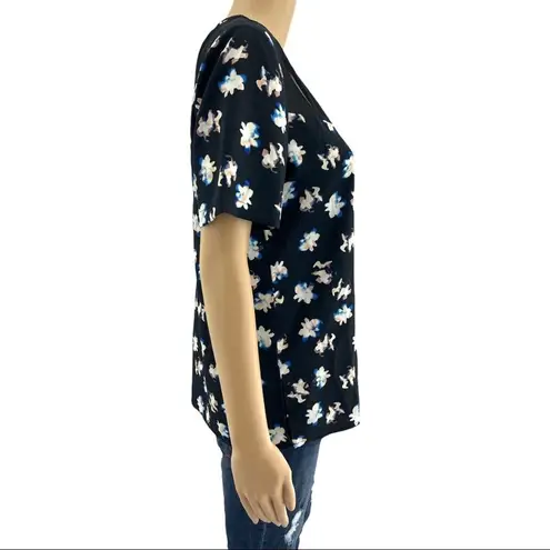 Cooper and Ella  MEDIUM Black Floral Chiffon Short Sleeve Top Shirt Blouse