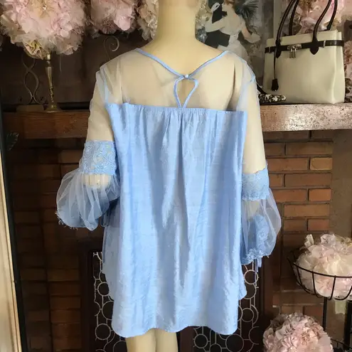 BLUE LACE TOP WITH MESH YOKE AND PUFFED SLEEVES (2X)