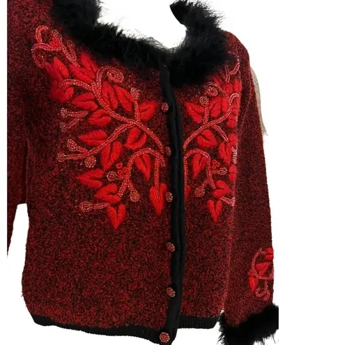 BEREK Vintage Button Down Faux Fur Trim Red Beaded Sweater Size S