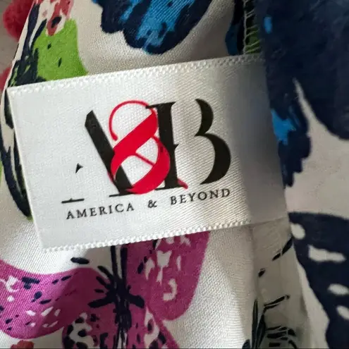 America & Beyond Womens Floral Butterfly Print Tassel String Hem Dress Sz S Blue