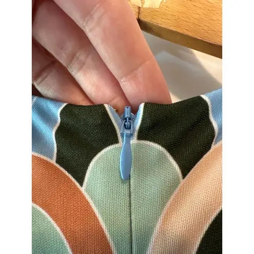 Cara Cara Multicolor Geometric Print Midi Dress with Blue Fringe Hem Size Small