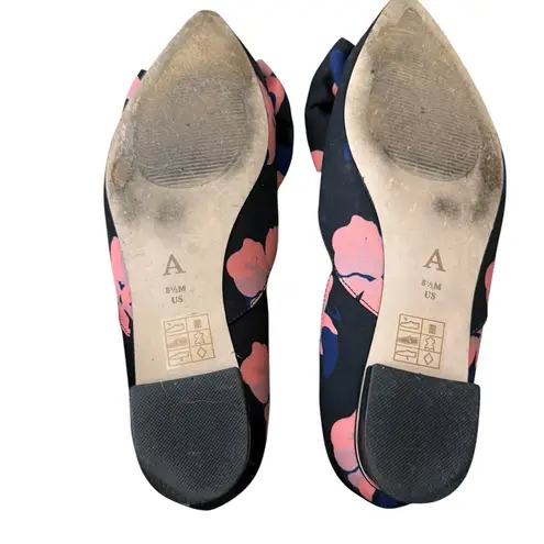 Anthropologie  Shoe SlipOn Bow Floral Print Satin Point Toe Blue Pink Blk. 8.5