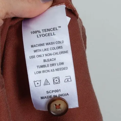 Quince Womens Rust Brown V Neck Short Sleeve Tencel Button Mini Dress Size S