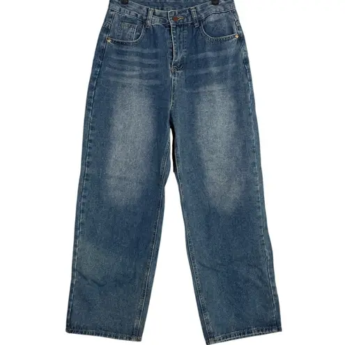 Evis Vintage Straight Wide Leg Mid Rise Full Length Casual Denim Jean Zip 8 Blue