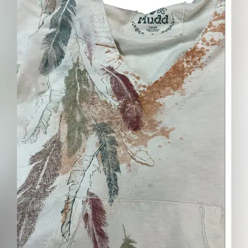 Mudd  Long Sleeve V-Neck Hoodie Top Tan Beige Distressed Feather Print. Size L - Image 3