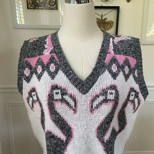 Vintage 80s Jolie Flamingo Pink Grey White Sweater Vest M Size M