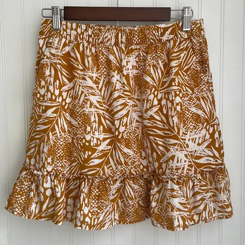 Christian Siriano 100% Linen Skirt Botanical Print Ruffle Side Pockets Size S Orange