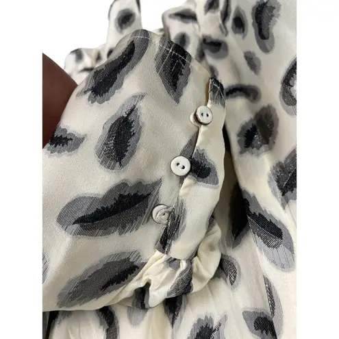 Saloni Silk Jacquard Metallic Feather Button Front Puff Sleeve Blouse Size 10 Black