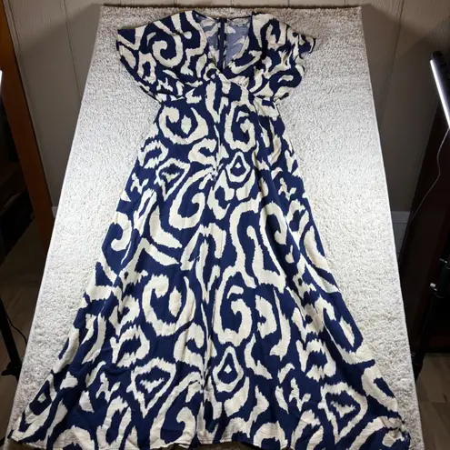 Molly Bracken Maxi Dress Navy Cream Abstract Print Flutter Sleeve V Neck S