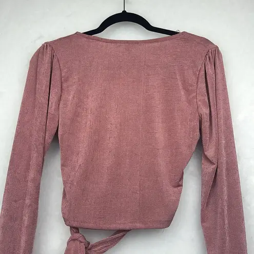 Iris Women's V Neck Self Tie Knot Bishop Long Sleeve Wrap Crop Blouse Sz S