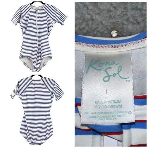 Kona Sol ‎ Women's Swim White Blue Large Rash Guard One Piece Stretch Swimsuit