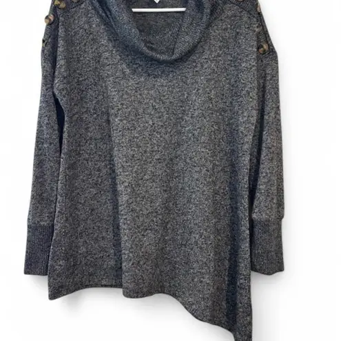 New York Laundry M Gray Cowl Neck Sweater Tortoise Button Shoulder Ribbed Knit