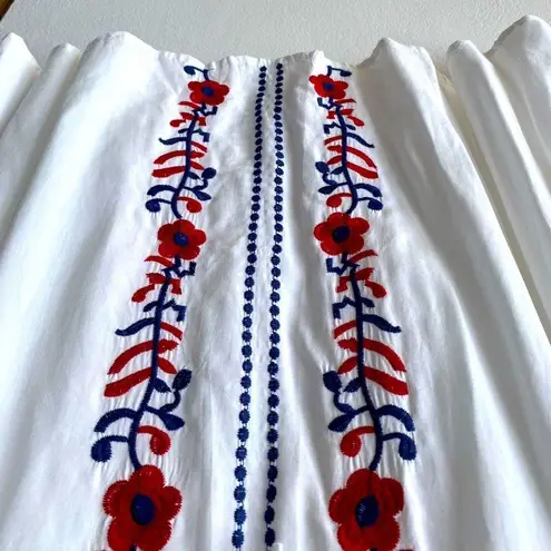 Boho Embroidered Tunic Dress OS/L Floral Plunge Neck Tunic Swim Coverup Kaftan White Size L