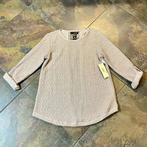 NWT Ali Miles Sparkle Blush 3/4 Sleeve Embroidered Sweater Sheer Back Small Pink