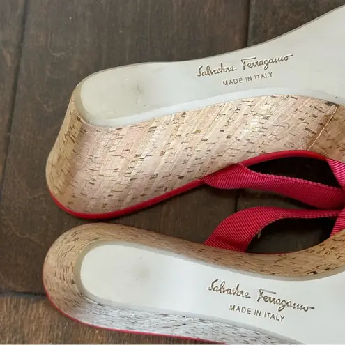 Salvatore Ferragamo Pink Fray Grosgrain Ribbon Logo Cork Wedges Heels Size 8.5