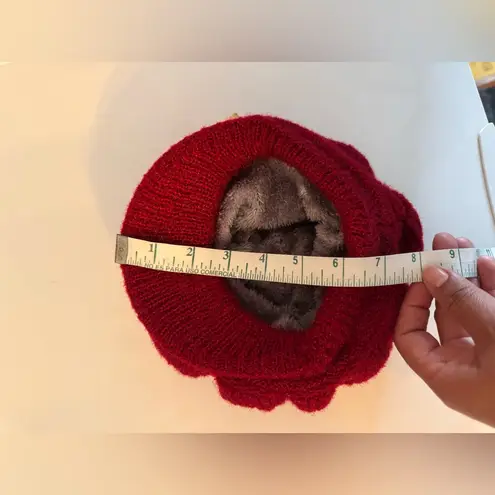 Red Knit Beret Hat with Fleece Lining & Bow Accent
