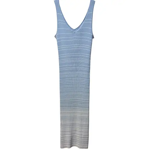 Staud Dana Ribbed Knit Light Blue / White Striped Sleeveless Midi Dress Large