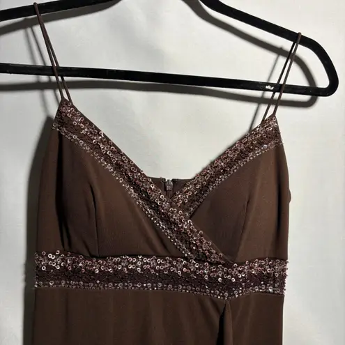 Delaru Brown Formal Dress Gown Y2K 90s Fairy Boho Beaded Sz 4 HOCO Prom Ruffle