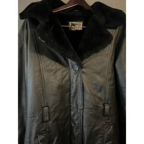 In Style Jacket Womens Large Genuine Leather Faux Fur Lined Winter Coat Zip Black