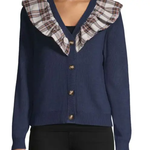 English Factory NWOT Navy Cardigan with Plaid Ruffle Size M