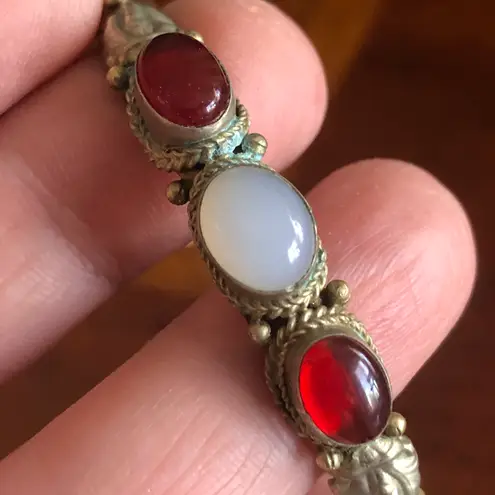 Ruby Vintage handcrafted genuine and opalite cabochon stone twist metal bracelet