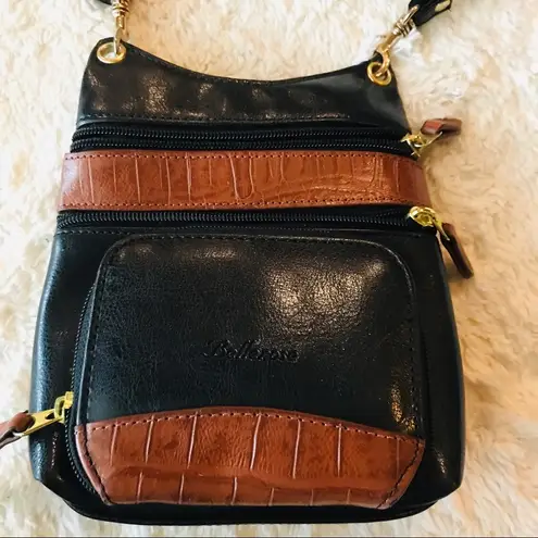 Vintage Bellerose Black & Tan Multi Compartment Faux Leather Crossbody Bag Purse