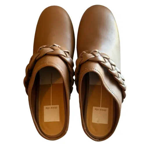 Dolce Vita Hila Brown Leather Braided Block Heel Mule Clogs