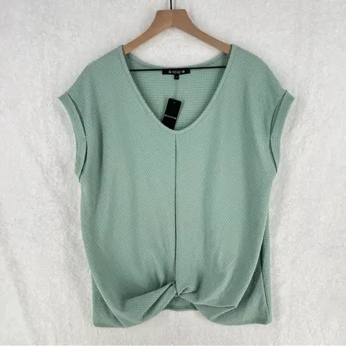 Coin 1804 Ribbed Textured V Neck Cap Sleeve Twist Knot Front Top Green Size undefined