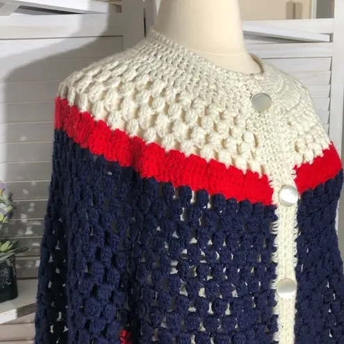 Vintage 80s 90s Crocheted Wool Poncho Cape Red White Blue Large XL