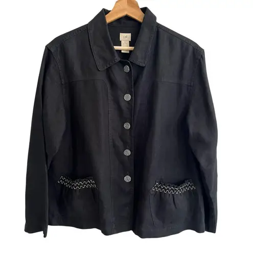 J Jill Womens Linen Button Up Jacket Sz MP Minimalist Capsule Wardrobe Lagenlook Black