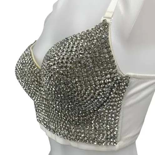 Silver Sleeveless Rhinestone Crystal Cami Camisole Bandeau Crop Tank Top Size M Size M
