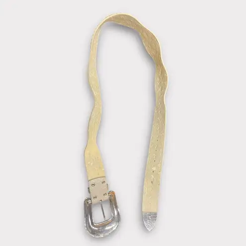 Bronze Studded Bone Colored Genuine Leather Belt with Silver Floral Buckle White