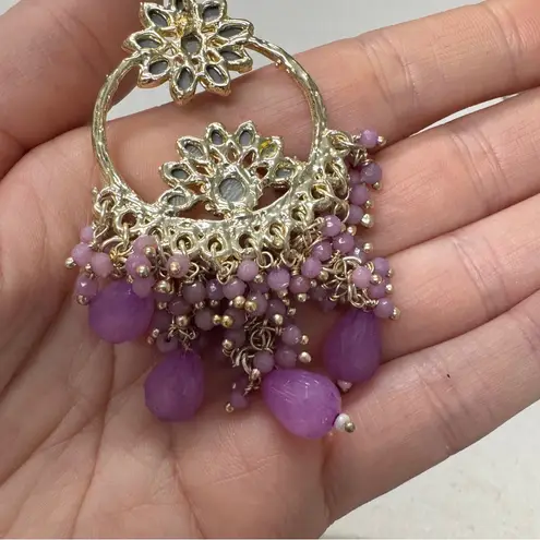 Silver Tone Mirrored Purple Beaded Dangle Chandelier Earrings Womens Pierced