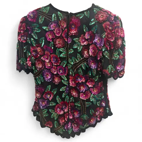 Laurence Kazar Vtg Beaded Sequin Floral Silk Blouse Top M Jewel Toned Maximalist