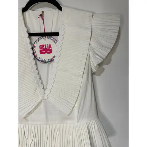 Celia B Bjorn Dress White Crisp Cotton Size Large NWT Pleated Ruffled Trim