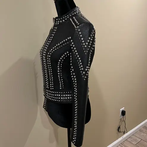 Genuine Leather Studded Crop Jacket Coat Blazer Cardigan Parka Slim Fit Rhinestones Black Size M